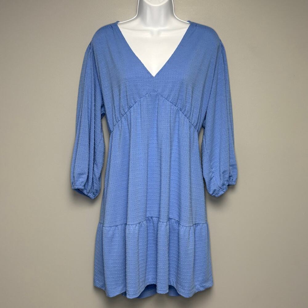 Loft Cottagecore Boho Babydoll Puff Sleeve Blue Tiered Oversize Mini Dress Sz 14 - Picture 1 of 5